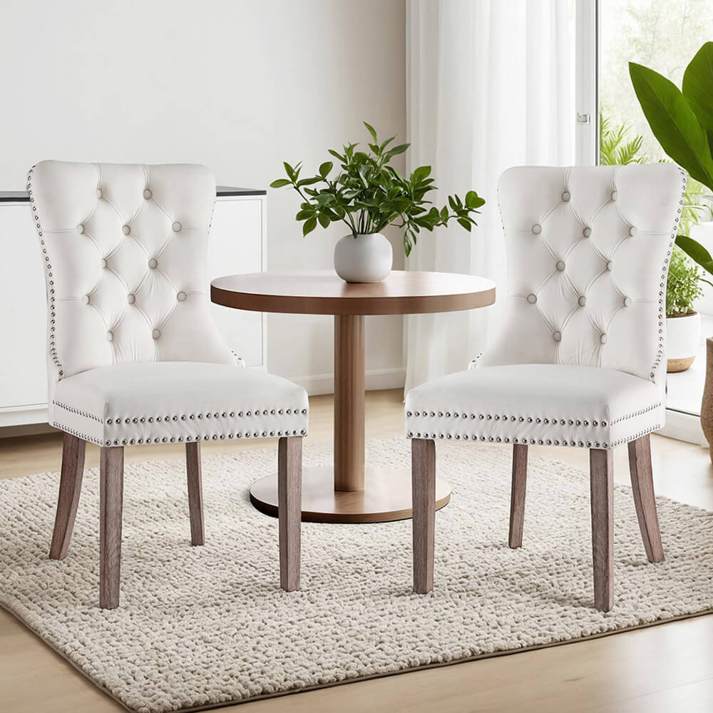 Florence | French Provincial Velvet PU Leather Wooden Dining Chairs | Set Of 2 | Beige