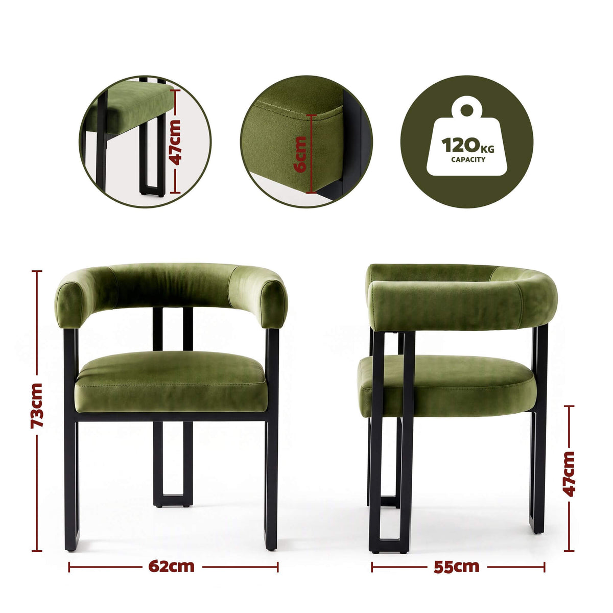 Frankland | Modern Green Black Beige Velvet Dining Chairs With Arms | Set Of 2 | Green