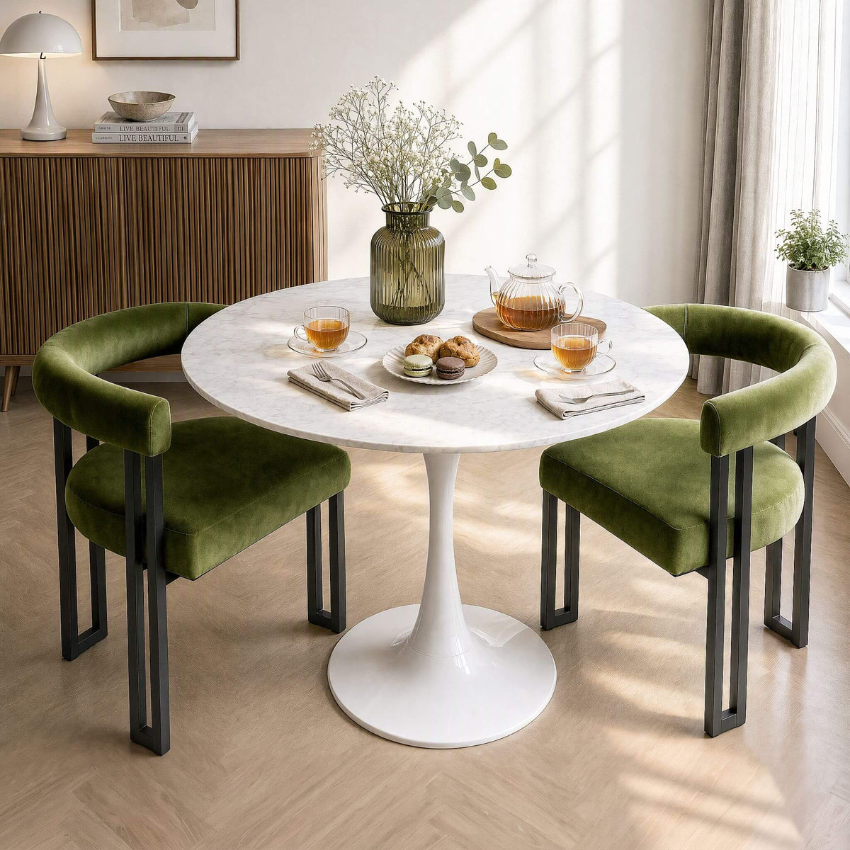 Frankland | Modern Green Black Beige Velvet Dining Chairs With Arms | Set Of 2