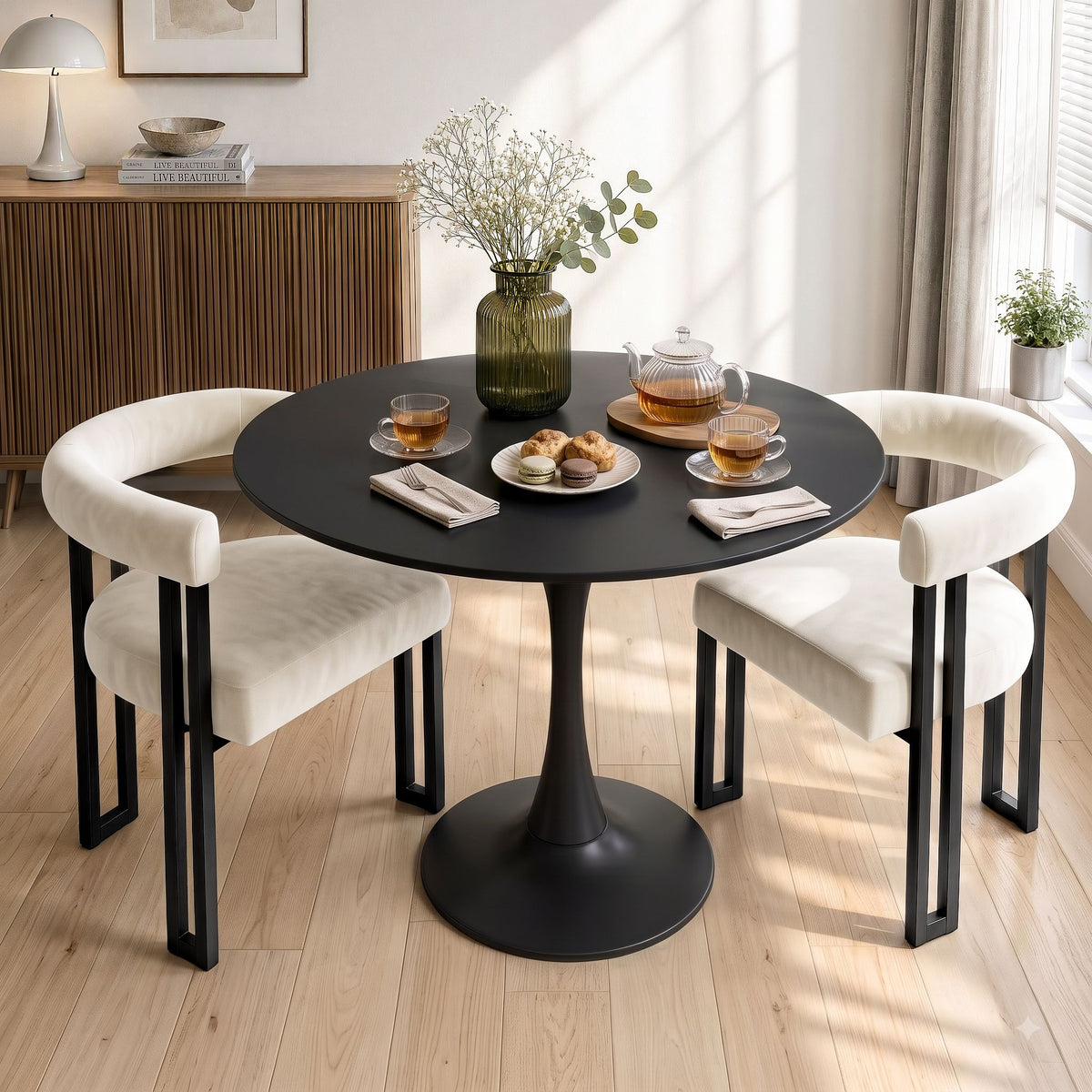 Frankland | Modern Green Black Beige Velvet Dining Chairs With Arms | Set Of 2 | Beige