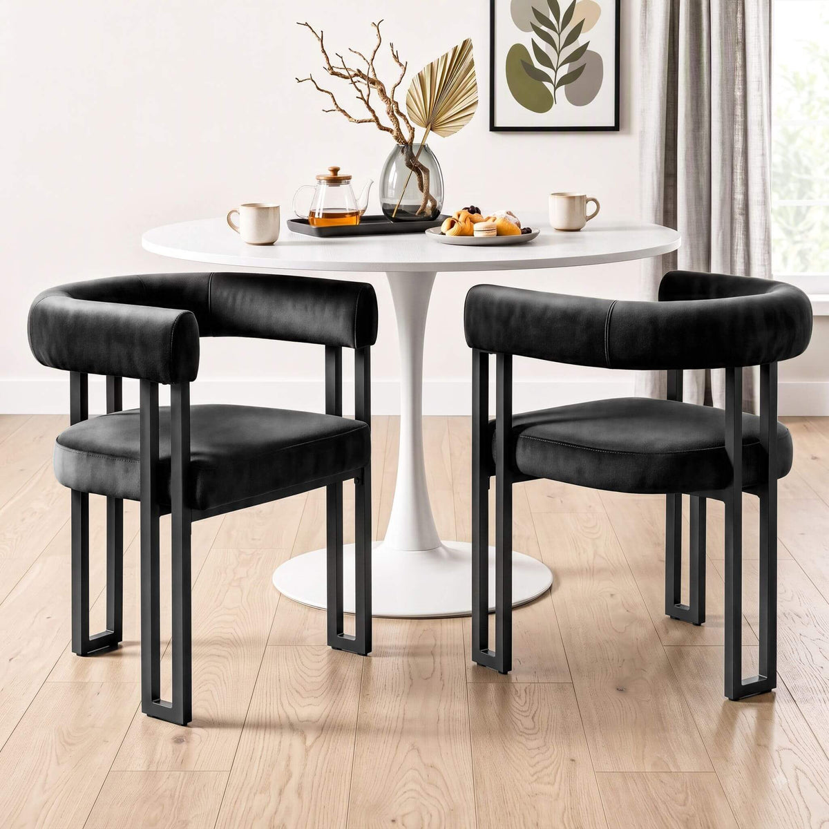 Frankland | Modern Green Black Beige Velvet Dining Chairs With Arms | Set Of 2 | Black