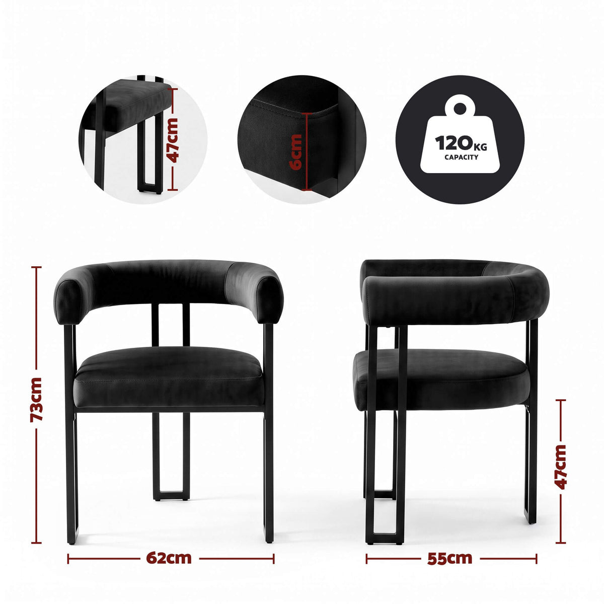 Frankland | Modern Green Black Beige Velvet Dining Chairs With Arms | Set Of 2 | Black