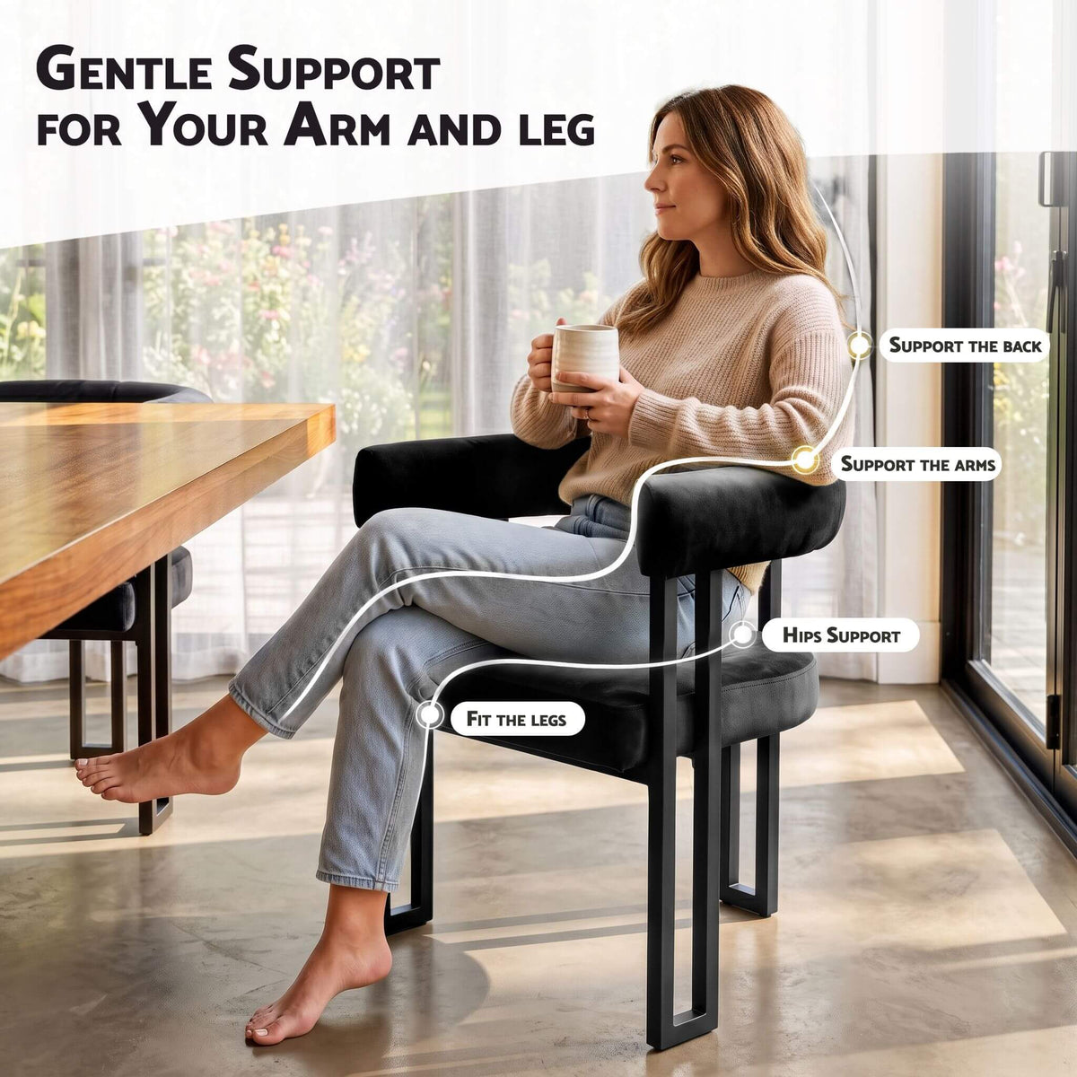 Frankland | Modern Green Black Beige Velvet Dining Chairs With Arms | Set Of 2 | Black