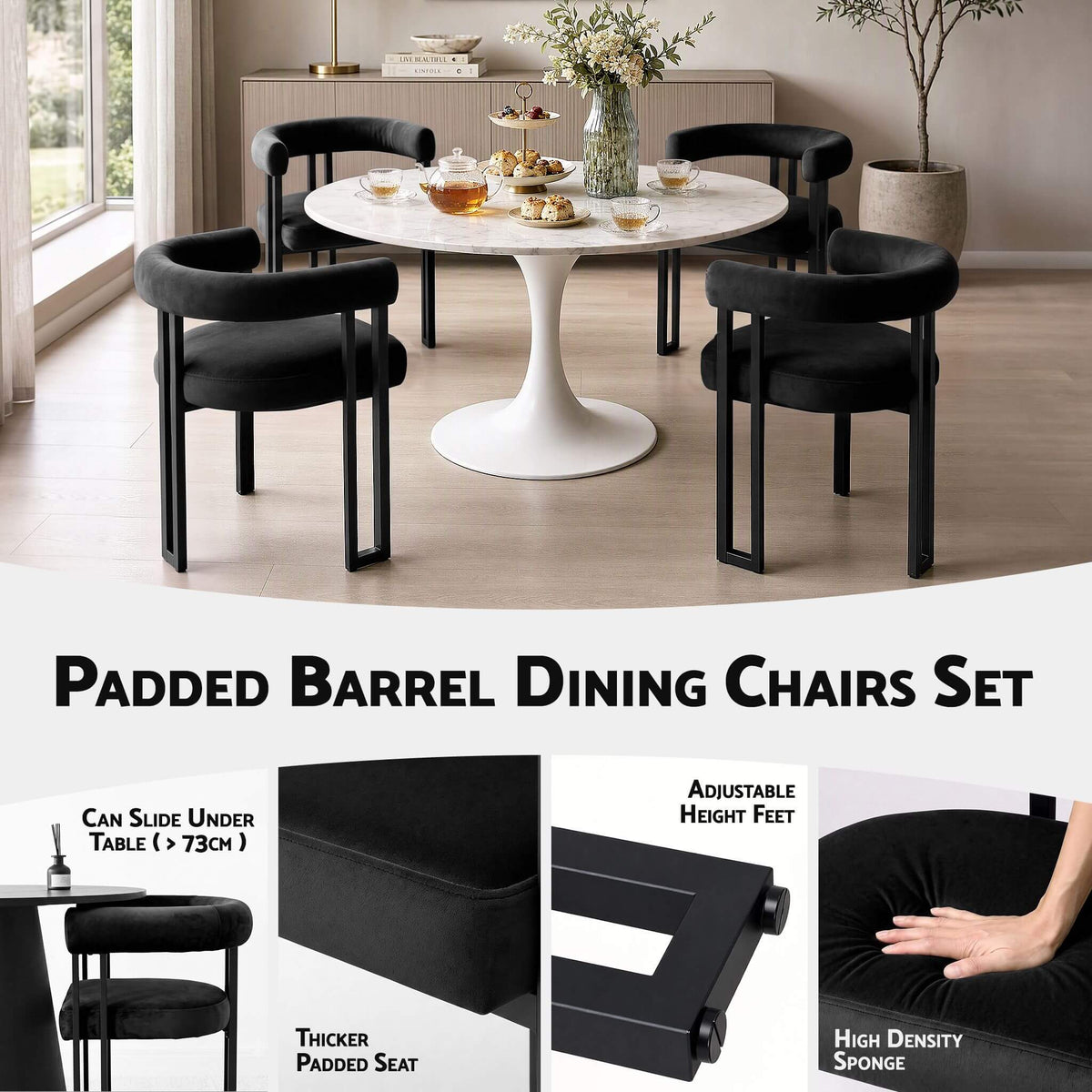 Frankland | Modern Green Black Beige Velvet Dining Chairs With Arms | Set Of 2 | Black