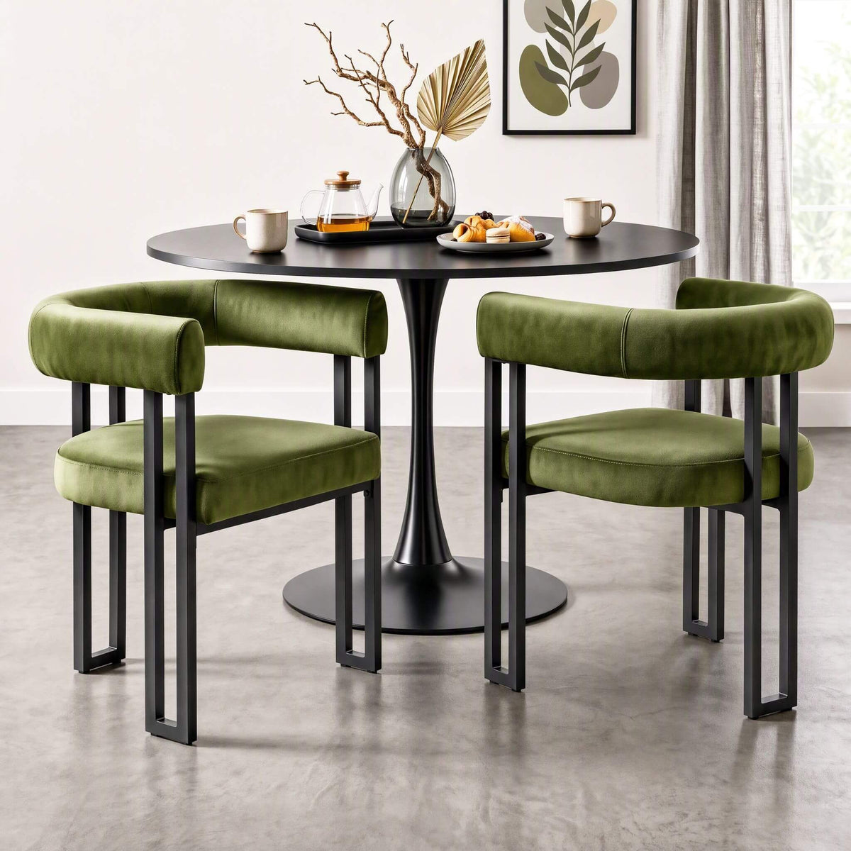 Frankland | Modern Green Black Beige Velvet Dining Chairs With Arms | Set Of 2 | Green