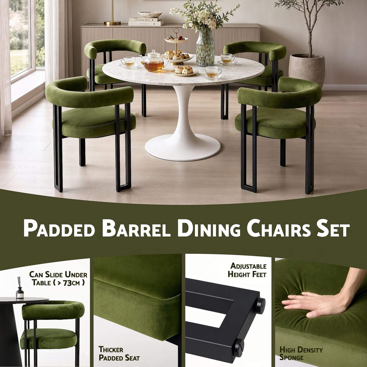 Frankland | Modern Green Black Beige Velvet Dining Chairs With Arms | Set Of 2