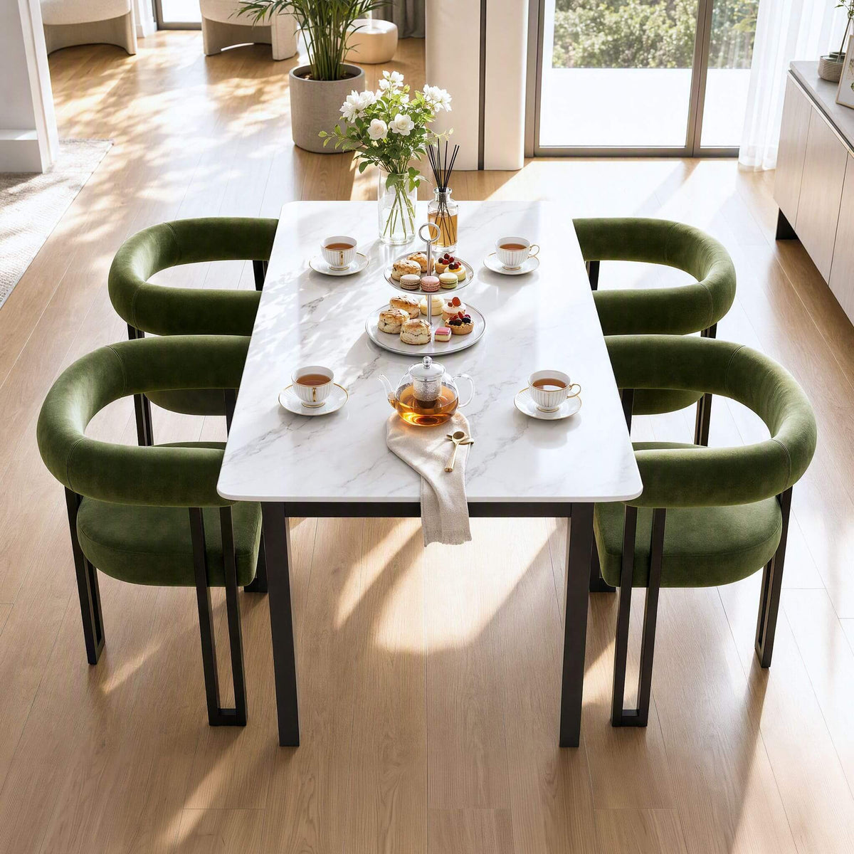 Frankland | Modern Green Black Beige Velvet Dining Chairs With Arms | Set Of 2 | Green