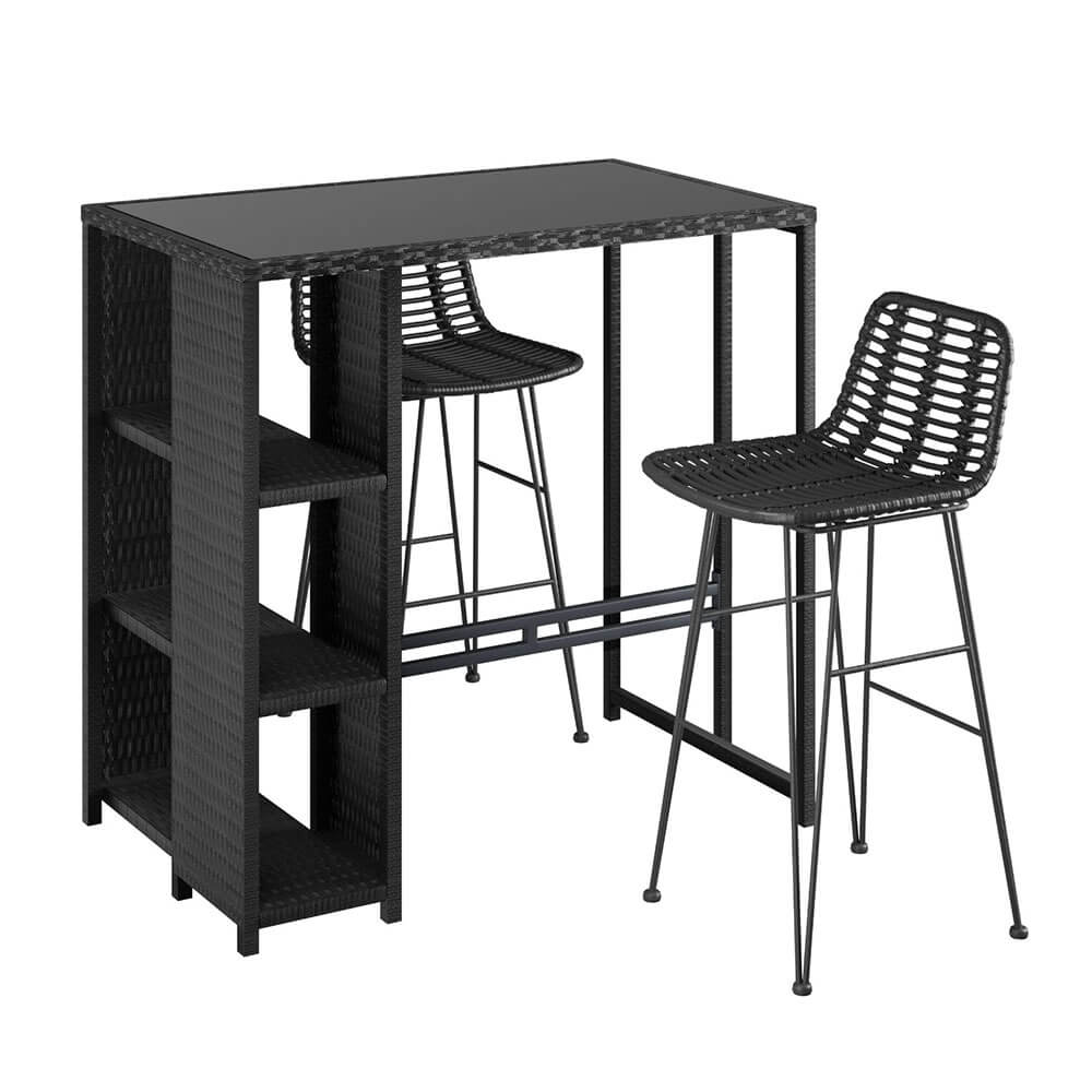 Freeport Baroosa | Rattan Wicker Black Glass Outdoor Wicker Bar Stool Set | Black