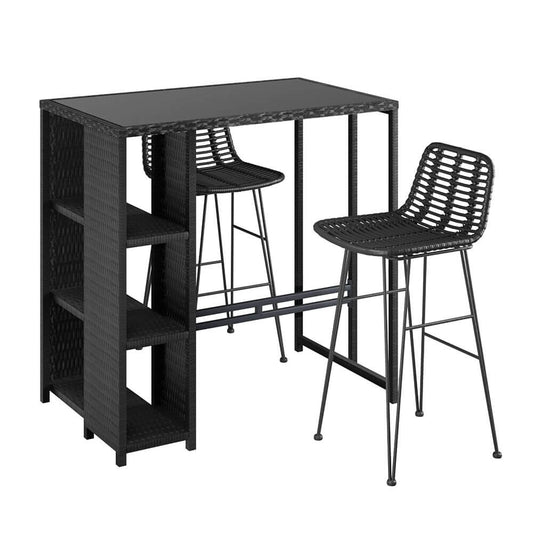 Freeport Baroosa | Rattan Wicker Black Glass Outdoor Wicker Bar Stool Set | Black
