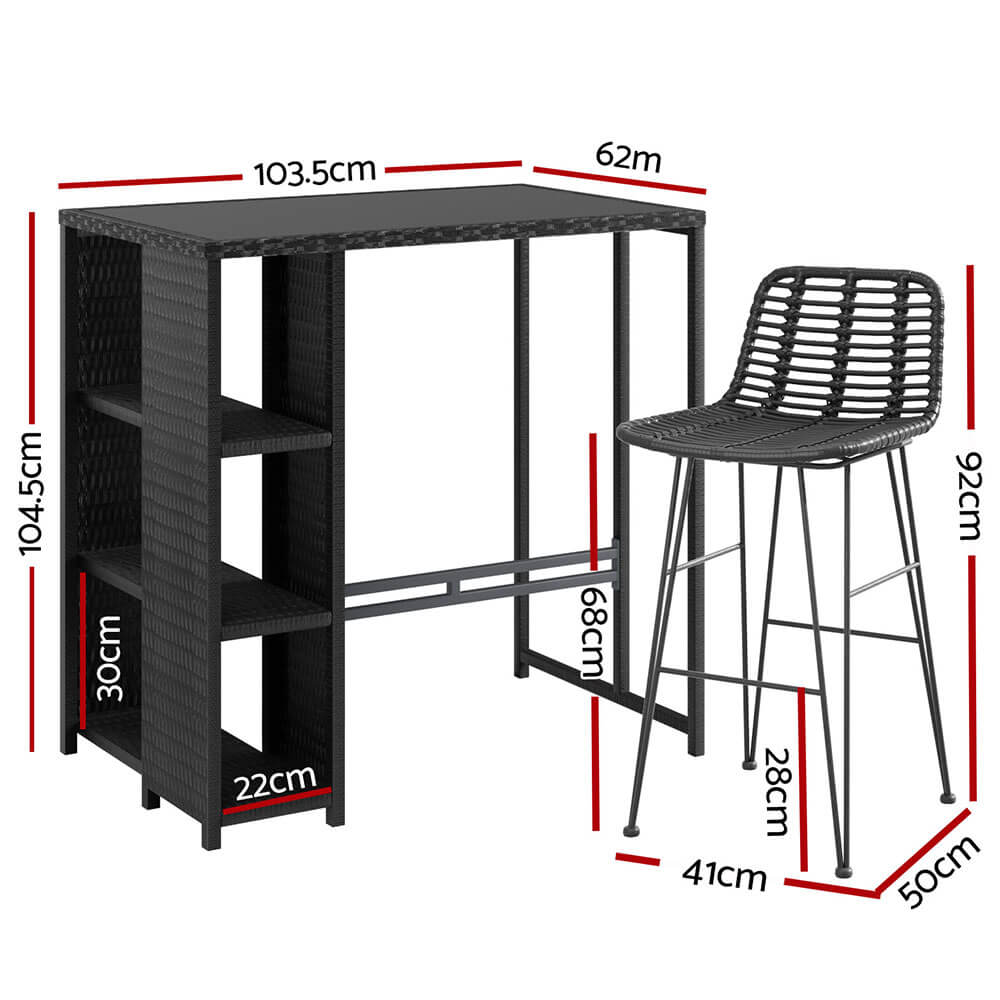 Freeport Baroosa | Rattan Wicker Black Glass Outdoor Wicker Bar Stool Set | Black
