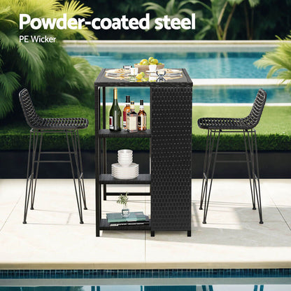 Freeport Baroosa | Rattan Wicker Black Glass Outdoor Wicker Bar Stool Set | Black