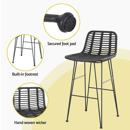 Freeport Baroosa | Rattan Wicker Black Glass Outdoor Wicker Bar Stool Set | Black