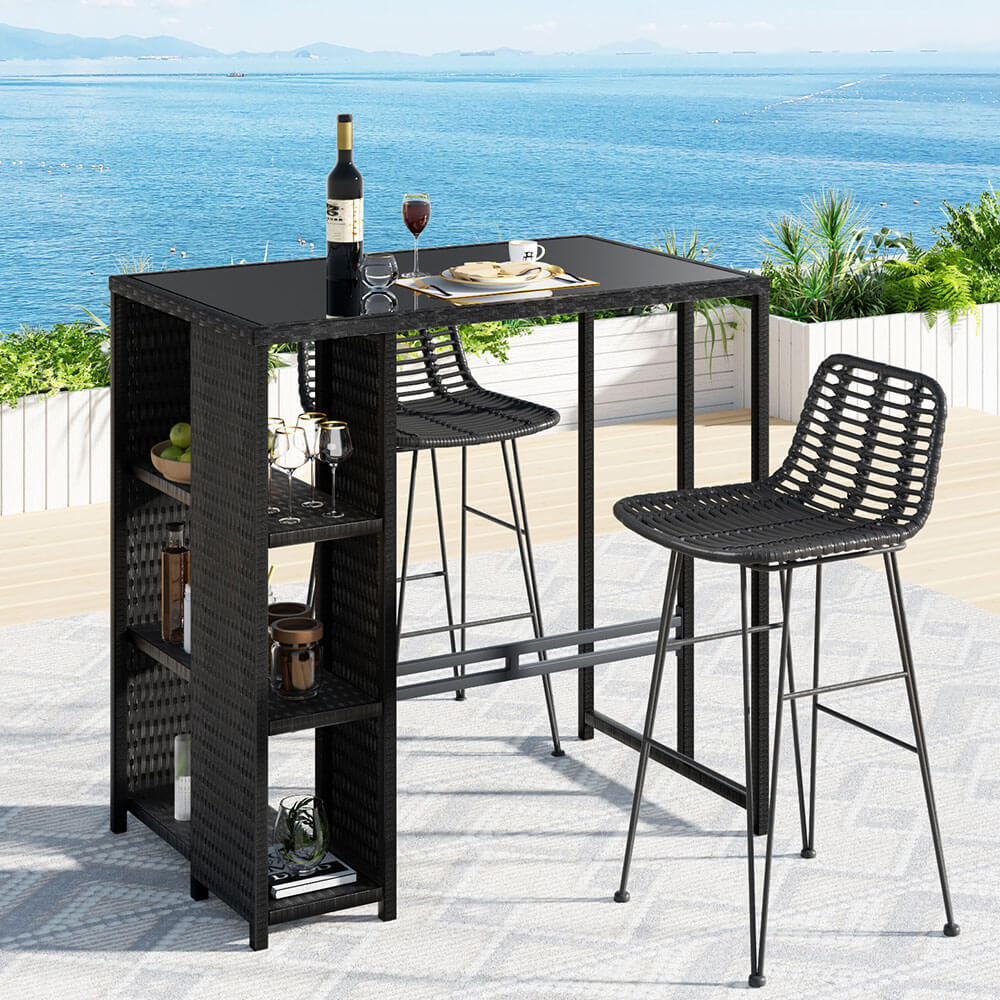 Freeport Baroosa | Rattan Wicker Black Glass Outdoor Wicker Bar Stool Set | Black
