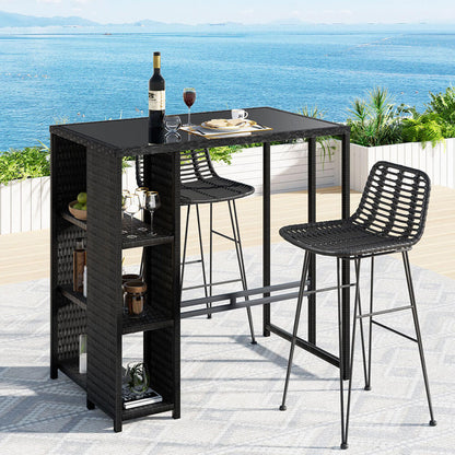 Freeport Baroosa | Rattan Wicker Black Glass Outdoor Wicker Bar Stool Set | Black