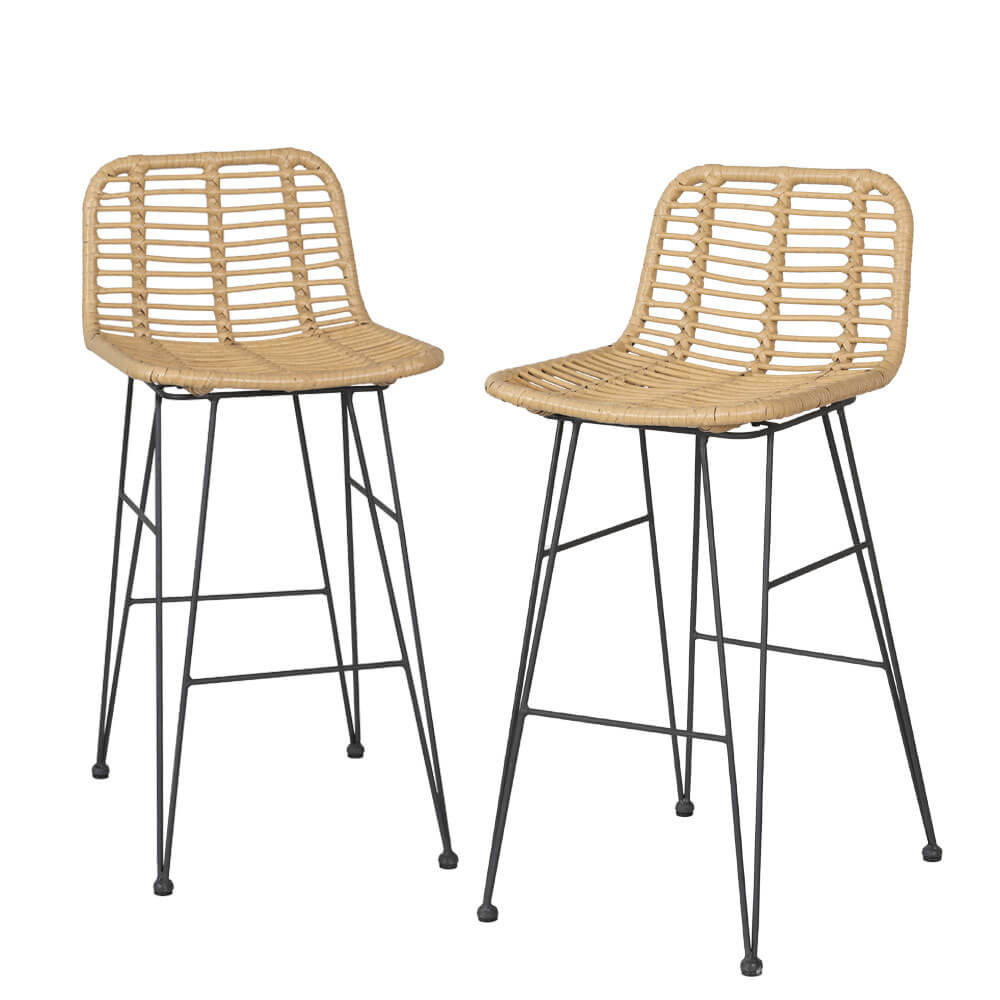 Metal Natural Rattan Outdoor Bar Stools Set Of 2