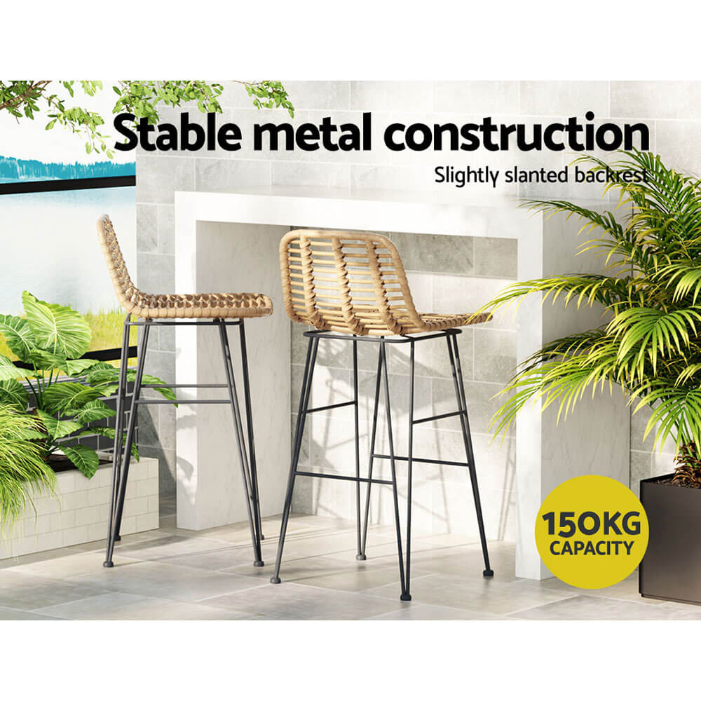 Metal Natural Rattan Outdoor Bar Stools Set Of 2