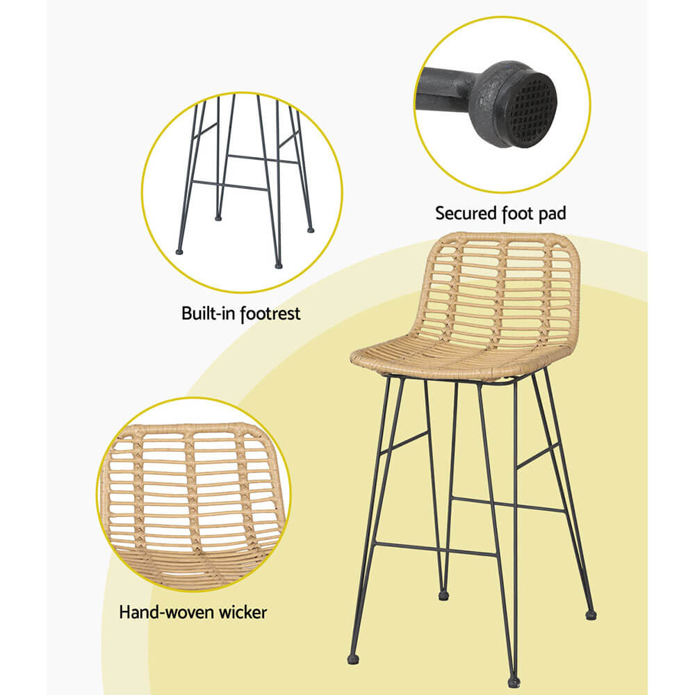 Metal Natural Rattan Outdoor Bar Stools Set Of 2
