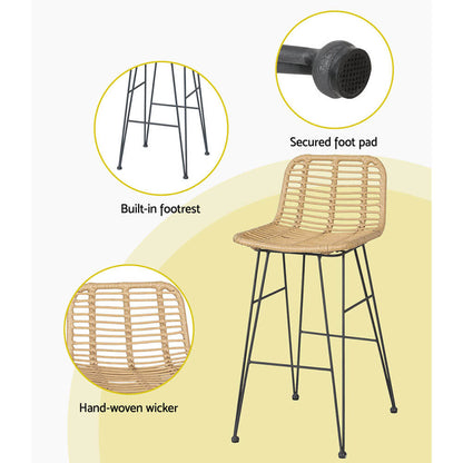Metal Natural Rattan Outdoor Bar Stools Set Of 2