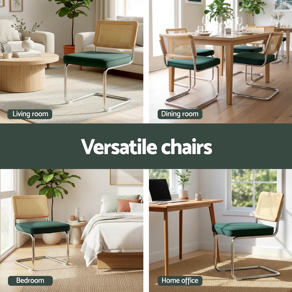 Greenacres | Modern Coastal Green Velvet Rattan Cantilever Dining Chairs | Green