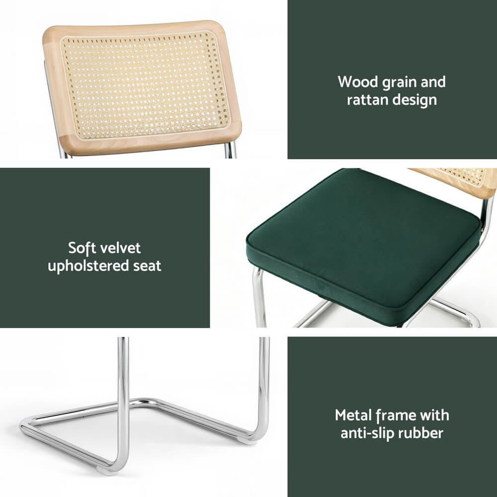 Greenacres | Modern Coastal Green Velvet Rattan Cantilever Dining Chairs | Green
