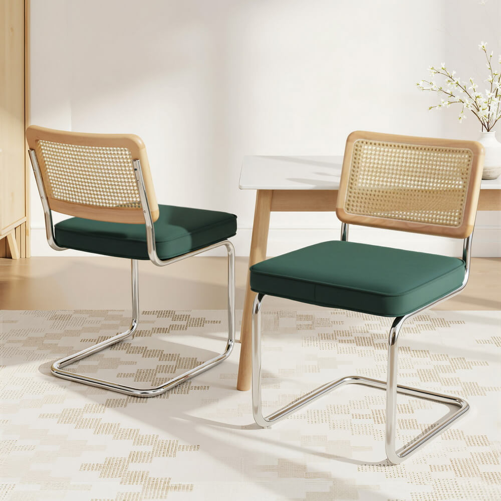 Greenacres | Modern Coastal Green Velvet Rattan Cantilever Dining Chairs | Green
