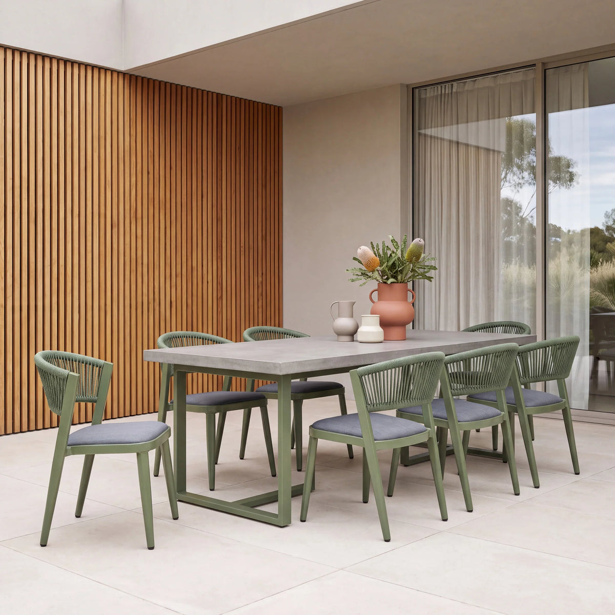 Greenhills | Coastal Metal Sand White Green Rattan Dining Chairs With Arms | Set Of 2