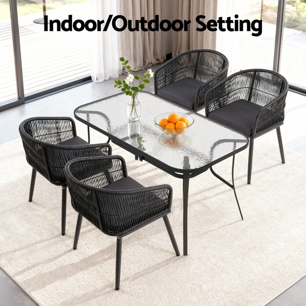 Hamilton | PE Wicker Black Outdoor 4 Seater Glass Dining Table Set | Black