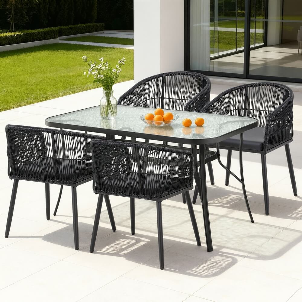 Hamilton | PE Wicker Black Outdoor 4 Seater Glass Dining Table Set | Black