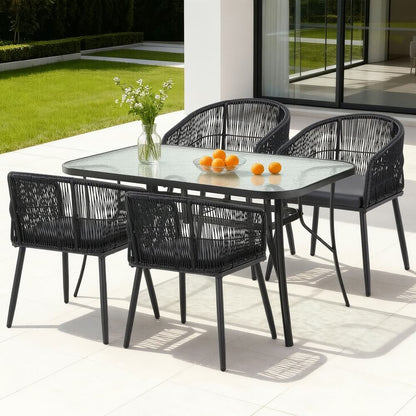 Hamilton | PE Wicker Black Outdoor 4 Seater Glass Dining Table Set | Black