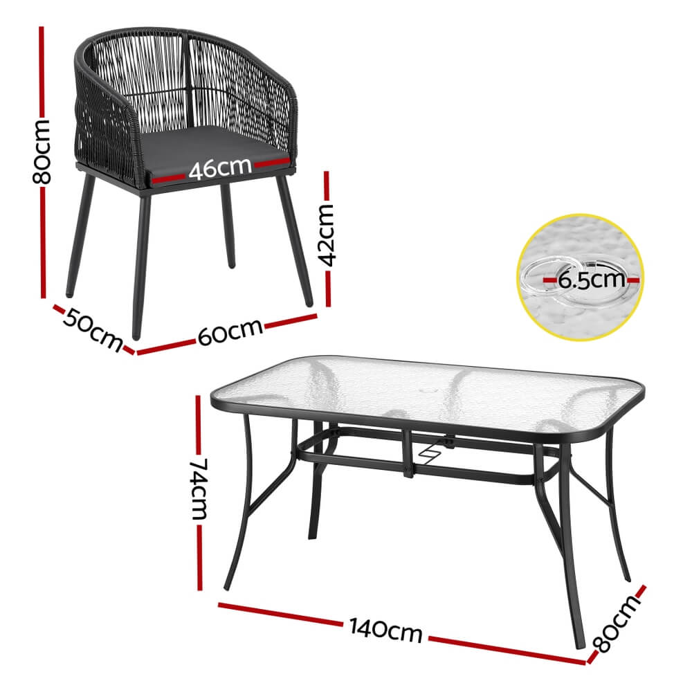 Hamilton | PE Wicker Black Outdoor 4 Seater Glass Dining Table Set | Black