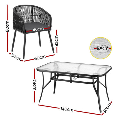 Hamilton | PE Wicker Black Outdoor 4 Seater Glass Dining Table Set | Black