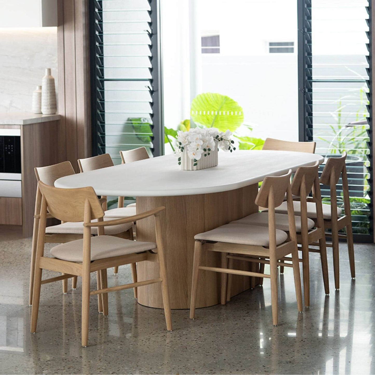 Hann | Scandinavian Coastal Fabric Natural Walnut Wooden Dining Chairs | Natural