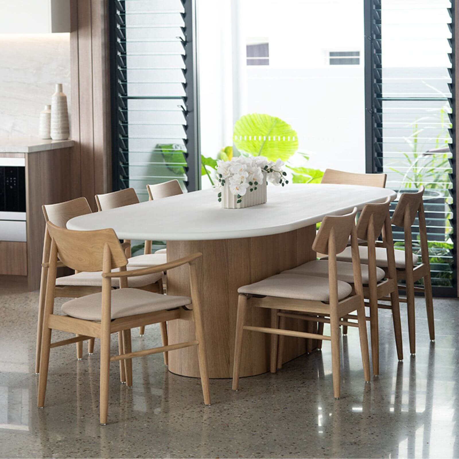 Hann | Scandinavian Coastal Fabric Natural Walnut Wooden Dining Chairs | Natural