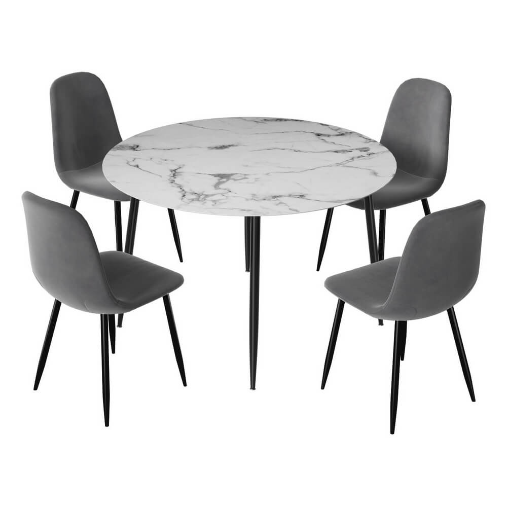 Huntley Waldorf | Modern Metal Dark Grey Velvet Marble Finish 4 Seater Dining Table Set | Dark Grey