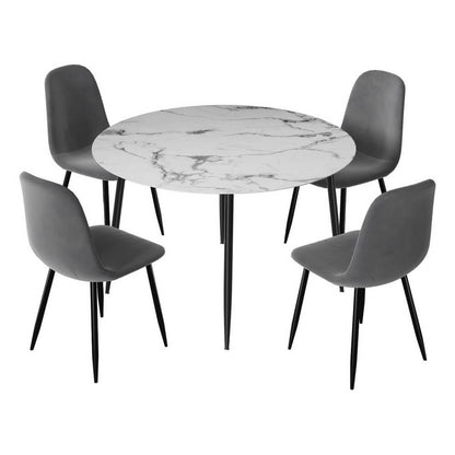 Huntley Waldorf | Modern Metal Dark Grey Velvet Marble Finish 4 Seater Dining Table Set | Dark Grey