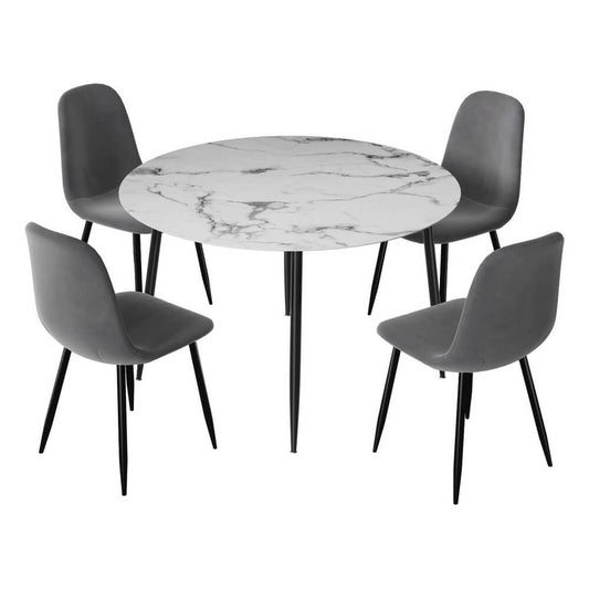 Huntley Waldorf | Modern Metal Dark Grey Velvet Marble Finish 4 Seater Dining Table Set | Dark Grey