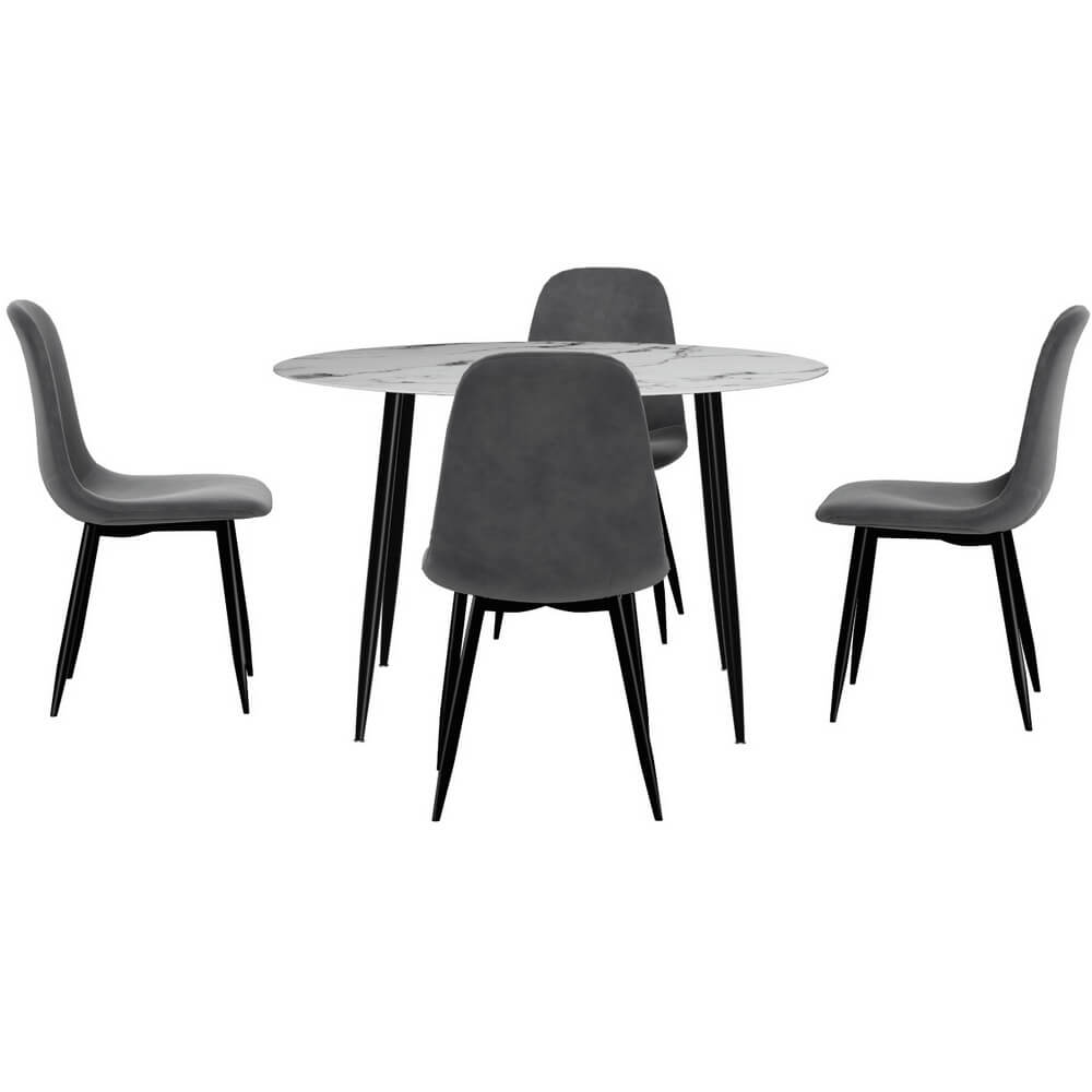 Huntley Waldorf | Modern Metal Dark Grey Velvet Marble Finish 4 Seater Dining Table Set | Dark Grey