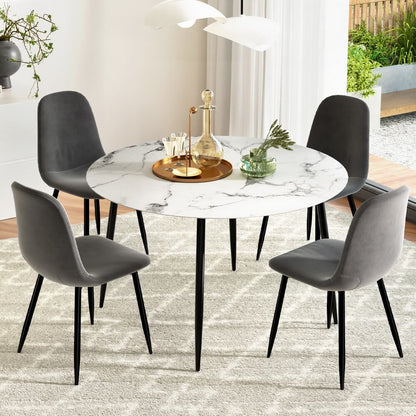 Huntley Waldorf | Modern Metal Dark Grey Velvet Marble Finish 4 Seater Dining Table Set | Dark Grey