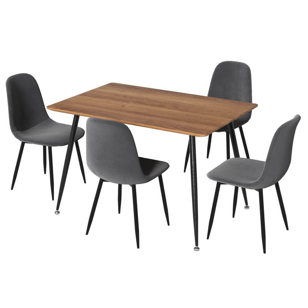 Huntley Fallon | Modern Dark Grey Velvet Industrial Natural 4 Seater Dining Table Set | Dark Grey