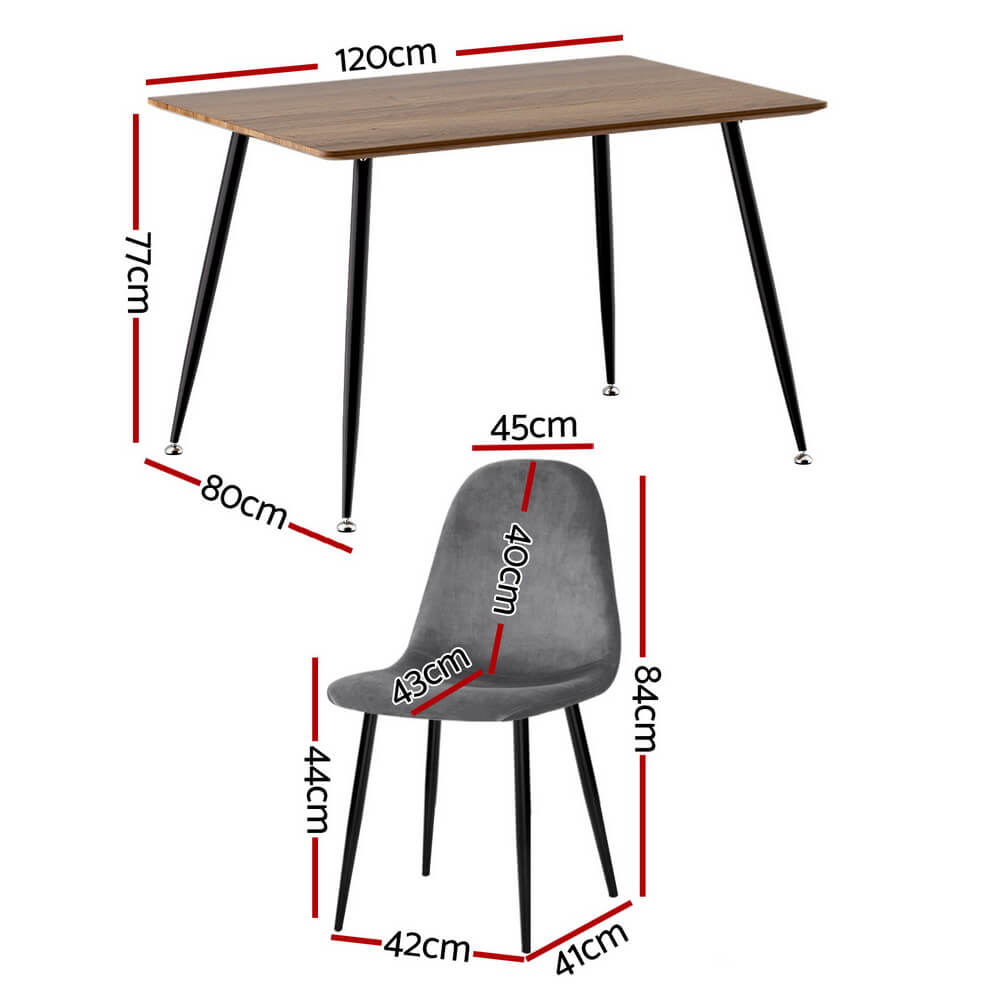 Huntley Fallon | Modern Dark Grey Velvet Industrial Natural 4 Seater Dining Table Set | Dark Grey