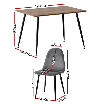Huntley Fallon | Modern Dark Grey Velvet Industrial Natural 4 Seater Dining Table Set | Dark Grey