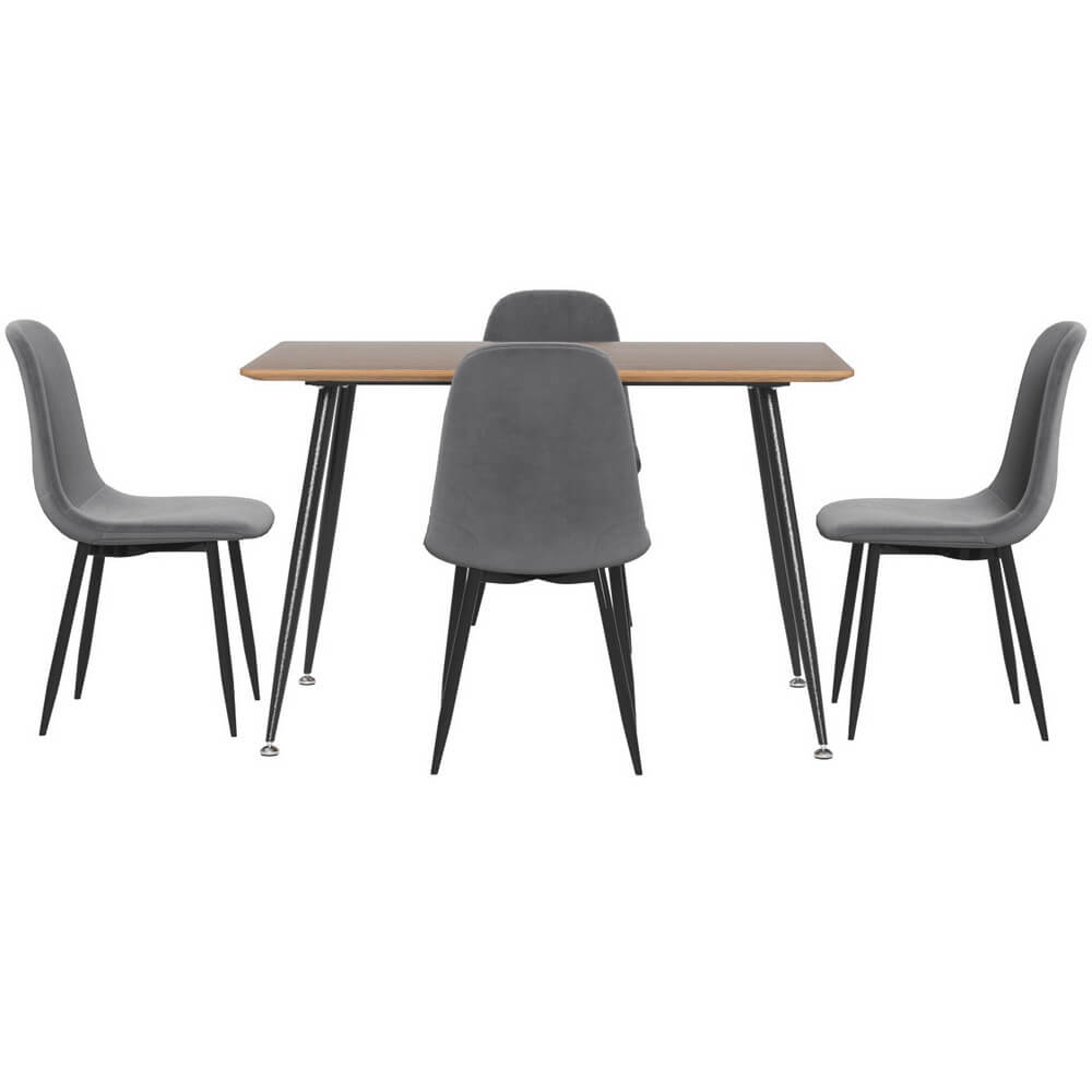 Huntley Fallon | Modern Dark Grey Velvet Industrial Natural 4 Seater Dining Table Set | Dark Grey