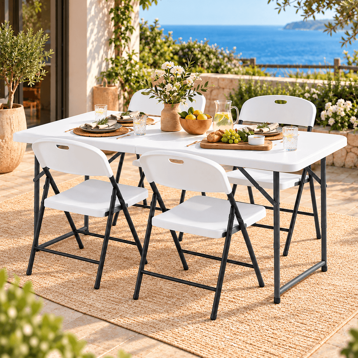 Innes | White Foldout Metal Outdoor Dining Table Set 4 and 8 Seater