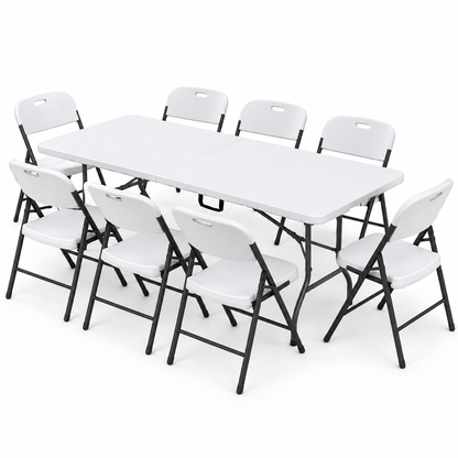 Innes | White Foldout Metal Outdoor Dining Table Set 4 and 8 Seater | Set Of 8