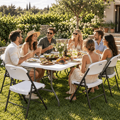 Innes | White Foldout Metal Outdoor Dining Table Set 4 and 8 Seater | Set Of 8