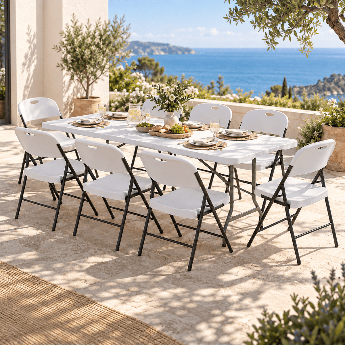 Innes | White Foldout Metal Outdoor Dining Table Set 4 and 8 Seater