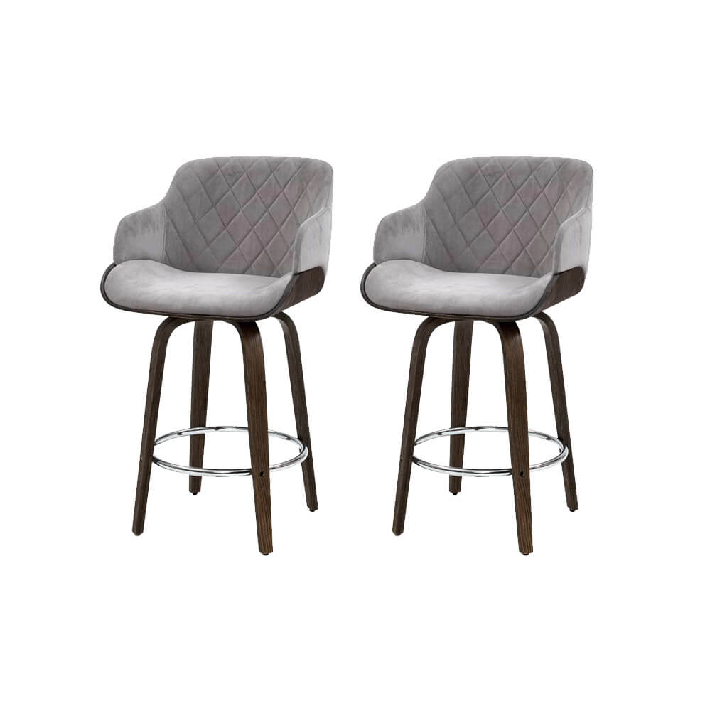 Jansen | Modern Grey Velvet Swivel Wooden Bar Stools With Arms | Set of 2 | Grey