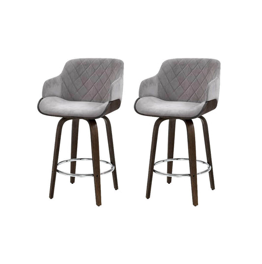 Jansen | Modern Grey Velvet Swivel Wooden Bar Stools With Arms | Set of 2 | Grey