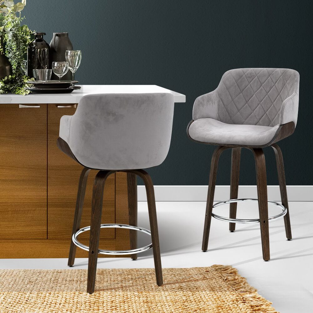 Jansen | Modern Grey Velvet Swivel Wooden Bar Stools With Arms | Set of 2 | Grey