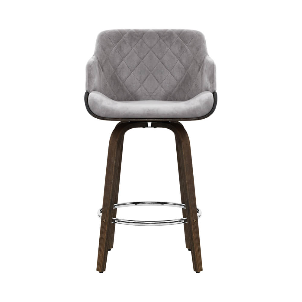 Jansen | Modern Grey Velvet Swivel Wooden Bar Stools With Arms | Set of 2 | Grey